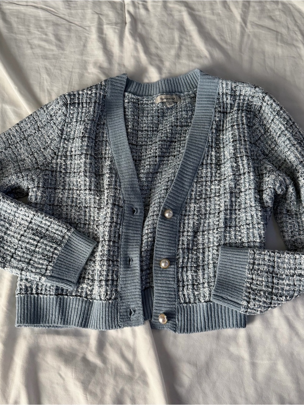 Francesca’s Light Blue Tweed Cardigan